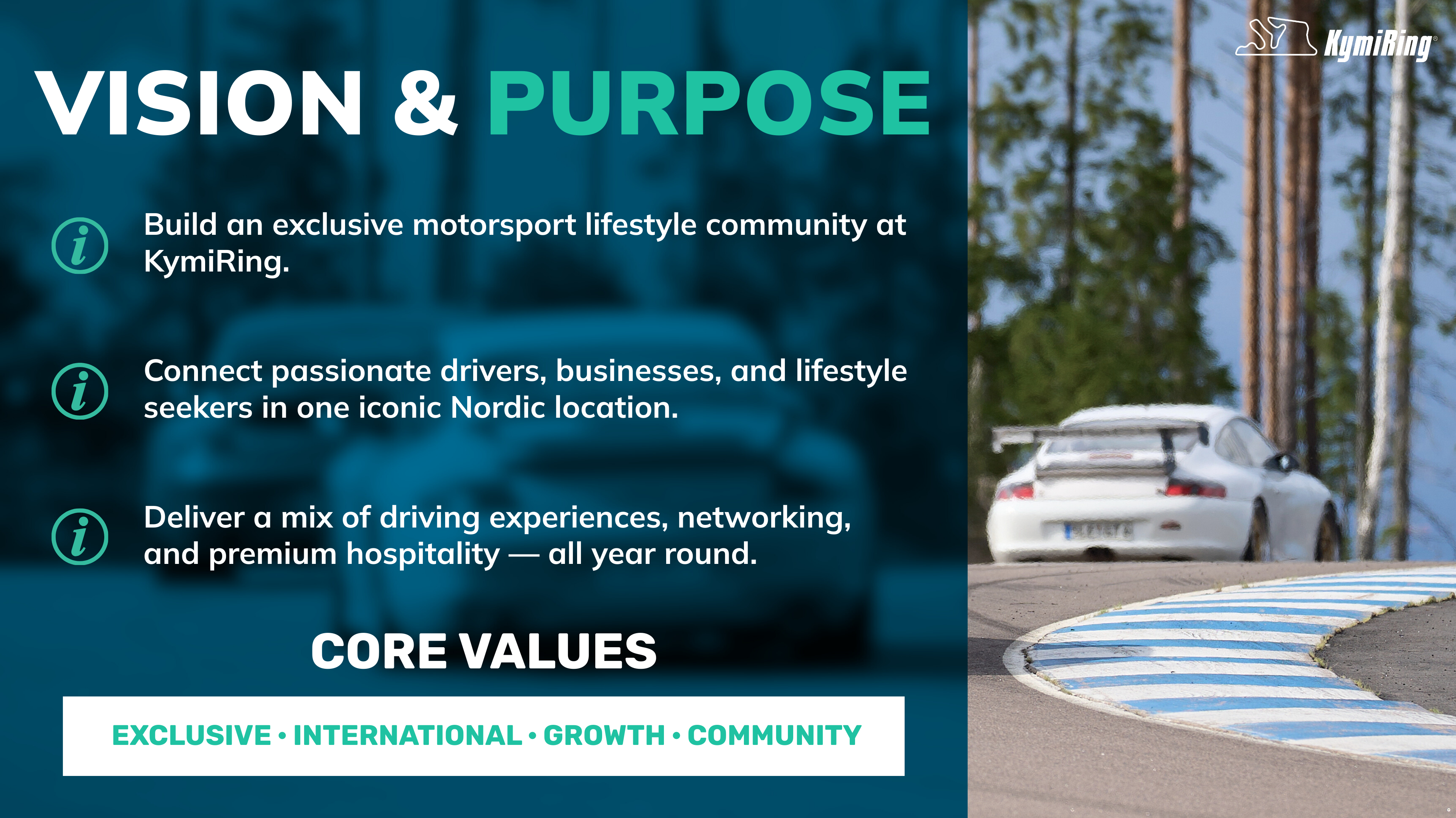 Promotional graphic for KymiRing with text about building a motorsport lifestyle community and a car on a racetrack.