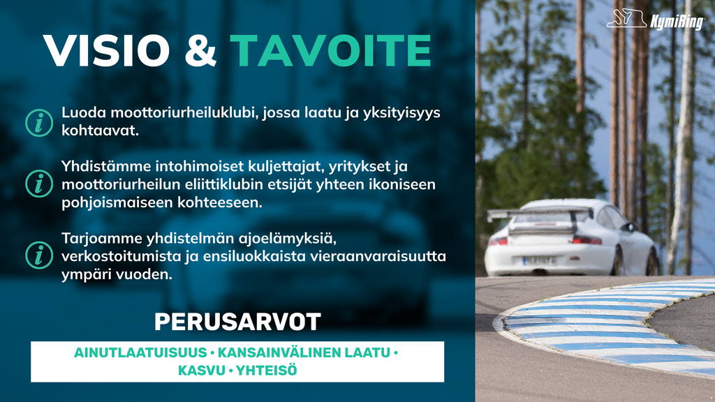 fi - Text overlay with 'VISIO & TAVOITE' and 'PERUSARVOT' on a blurred race track background.- 