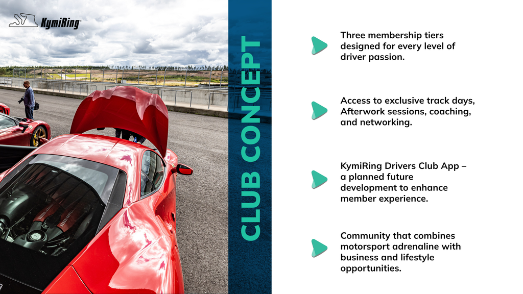 en - Red sports car on a track with KymiRing branding and club concept text.