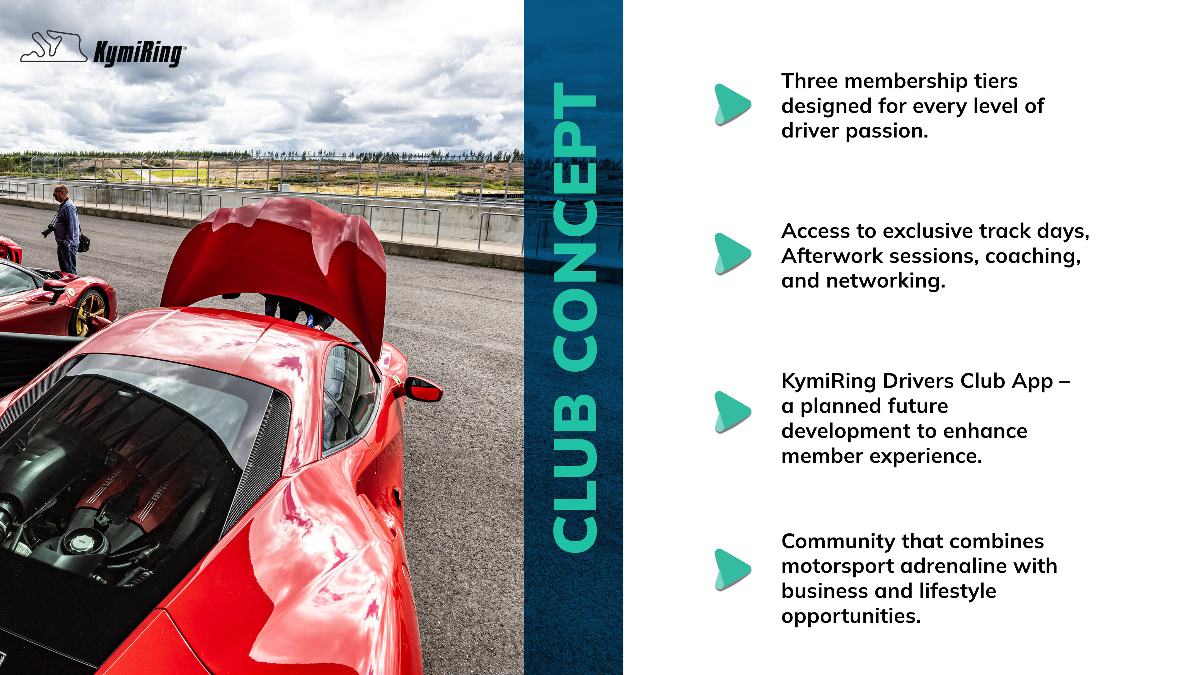 Red sports car on a track with KymiRing branding and club concept text.