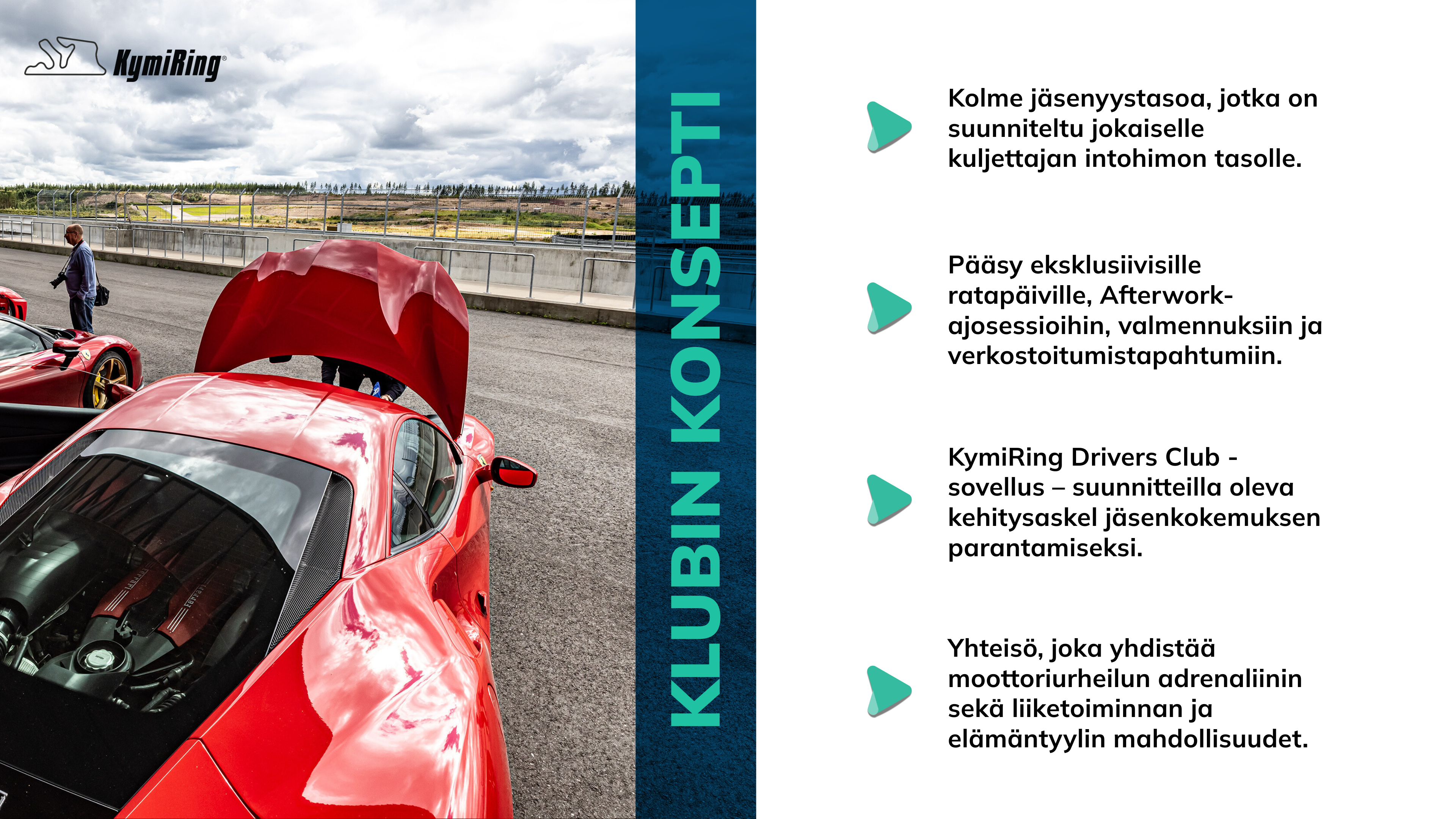 Red car on a racetrack with text about a driving club concept.