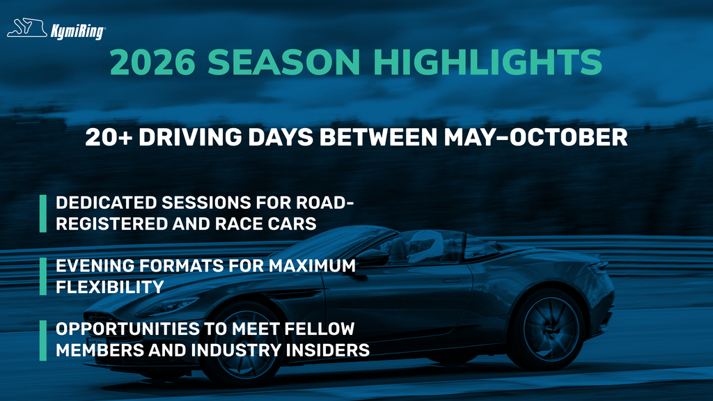 en - Promotional graphic for 2026 driving event season highlights with a car on a track background.