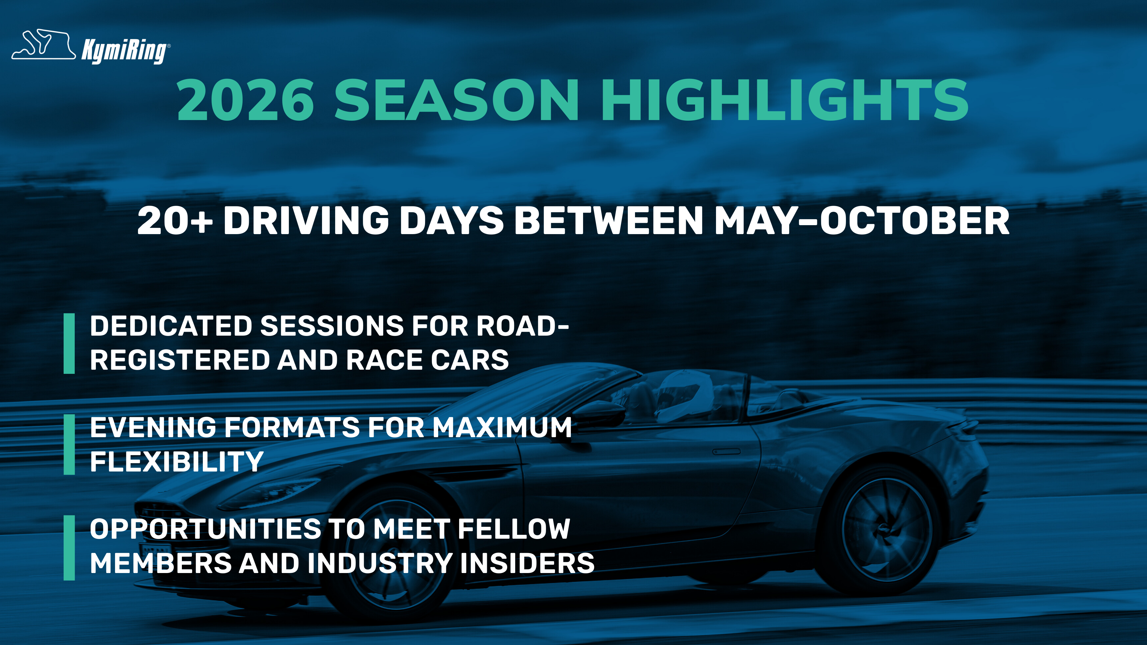 Promotional graphic for 2026 driving event season highlights with a car on a track background.