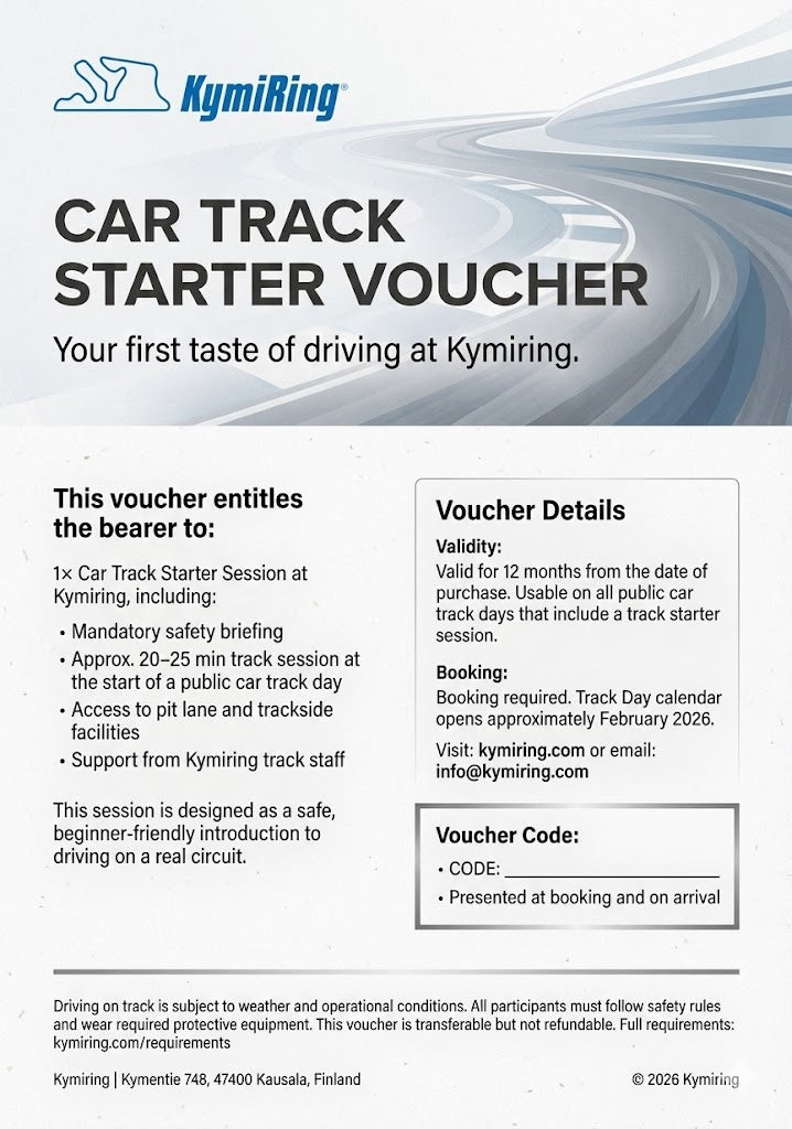 en - Kymiring car track starter voucher with text and road graphic