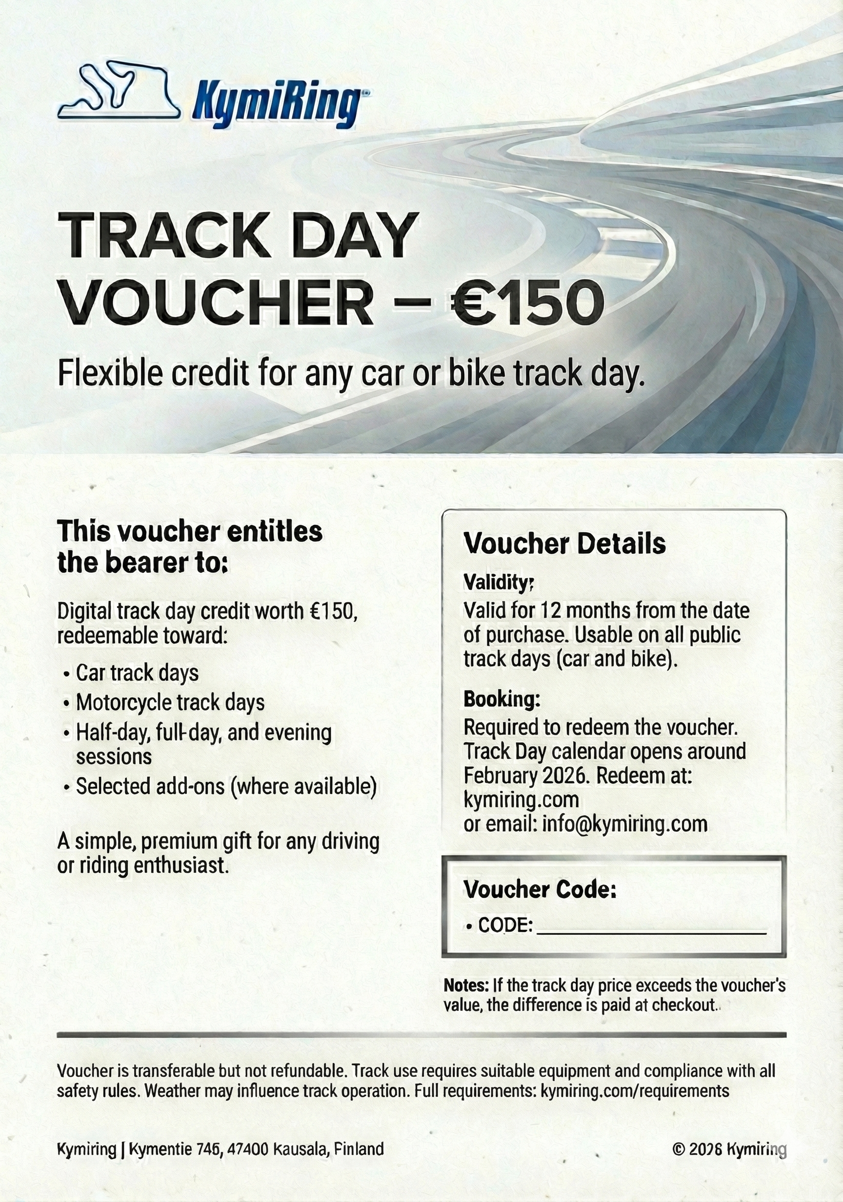 KymiRing track day voucher advertisement with a road background