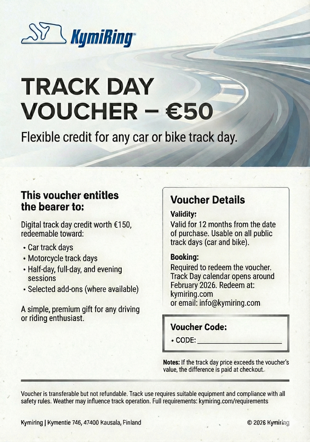 en - KymiRing track day voucher with road graphic and text details
